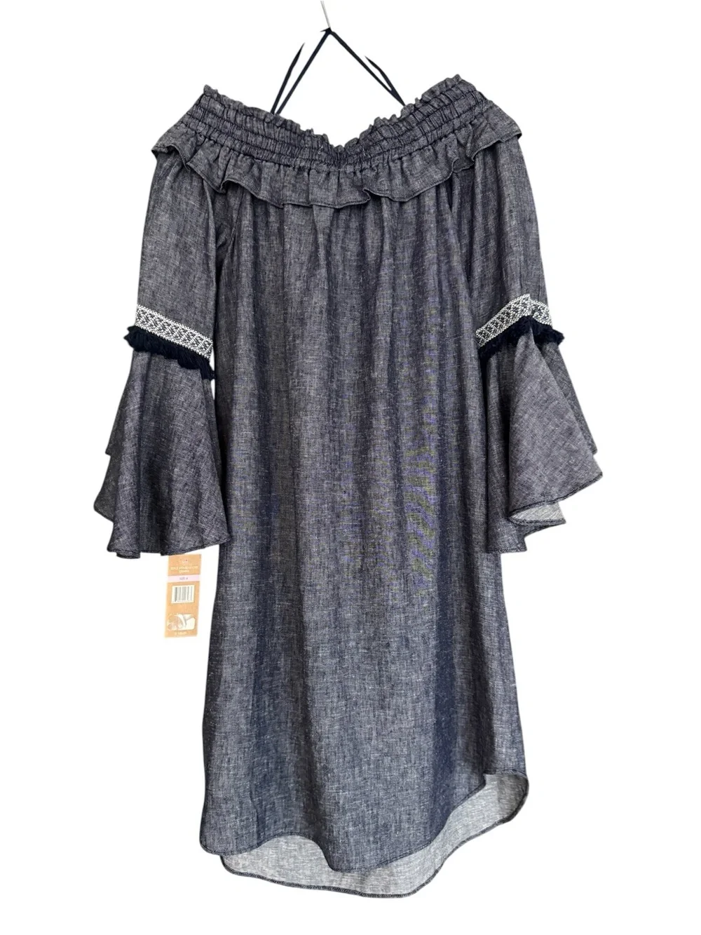 Hope & Harlow Linen Blend Off Shoulder Bell Sleeve Fringe Trim Denim Dress SZ 6